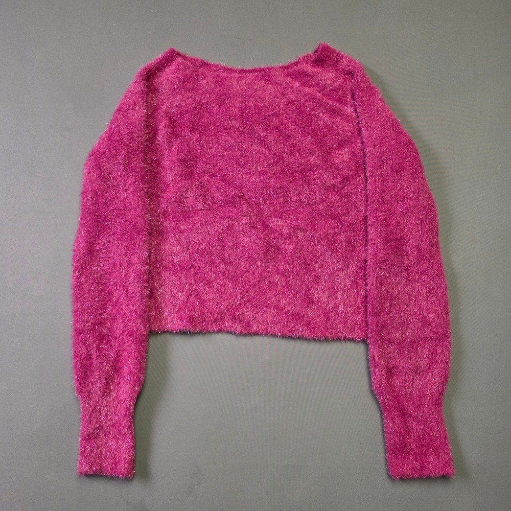 Happily Grey Magenta Pink Eyelash Knit Cropped Metallic Sparkle Sweater Large